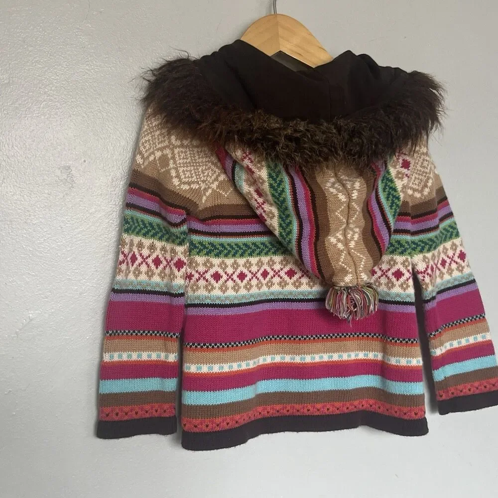 GAP Girls Sweater Hoodie Faux Brown Fur Trim Multi-color Striped Fair Isle 2T